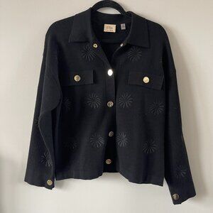 ELIE TAHARI Snap Button Up Floral Embroidered Knit Blazer Cardigan